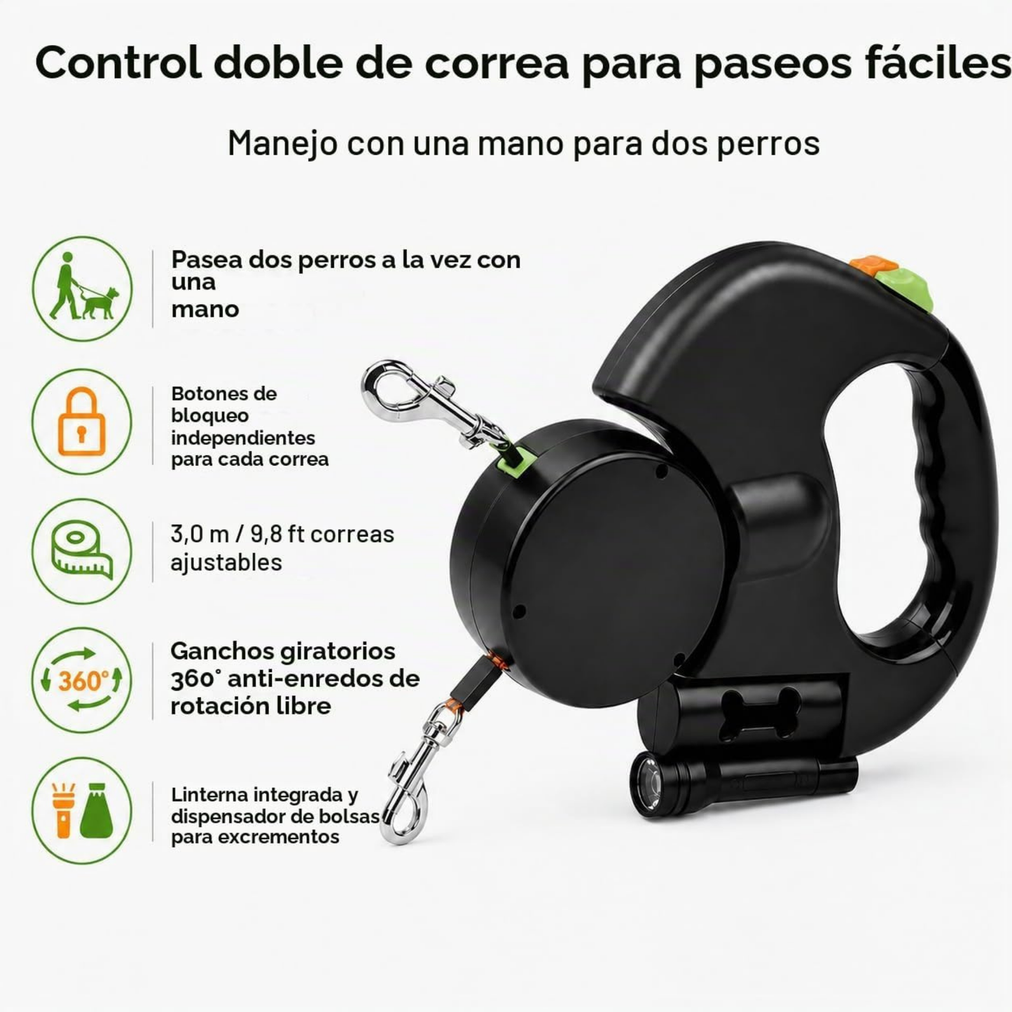 Correa retráctil doble + Linterna y Bolsitas de cacas