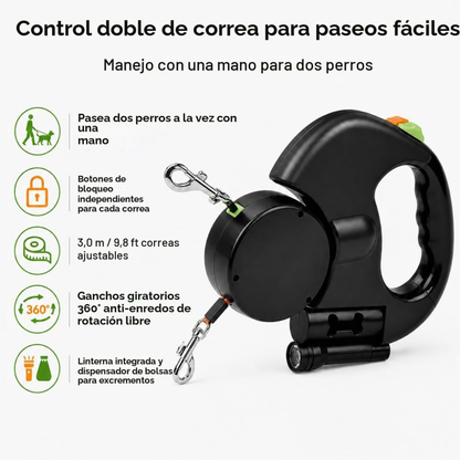 Correa retráctil doble + Linterna y Bolsitas de cacas