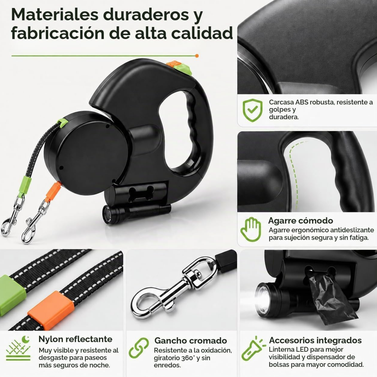 Correa retráctil doble + Linterna y Bolsitas de cacas