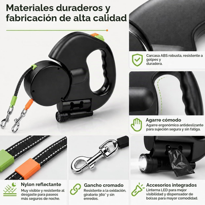 Correa retráctil doble + Linterna y Bolsitas de cacas
